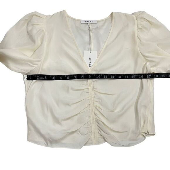 Frame NEW !! Long-Sleeve Ruched Silk Blouse Off-White V-Neck Size Medium - Picture 10 of 14